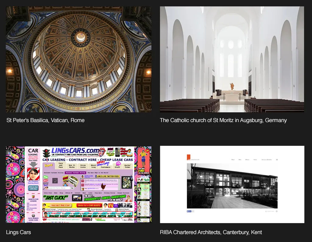 Image showing four images of interior of buildings and a webpage.